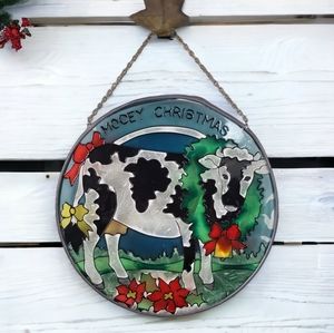 Round "Mooey  Christmas" Cow Suncatcher Window Display